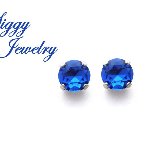 Sapphire Blue Crystal Gumdrop Earrings, 8mm Solitaire Studs, Posts, Silver Tone - Picture 4 of 6